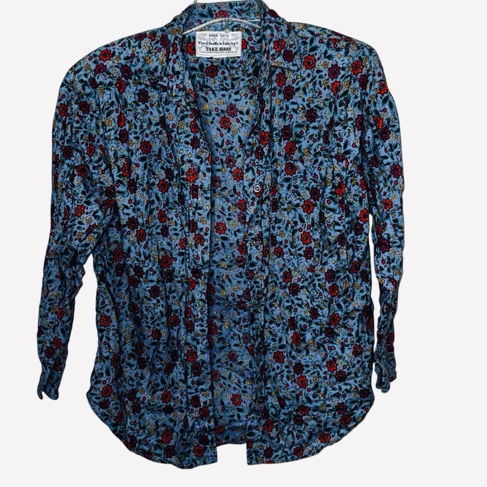 Vintage Take Away Pure Love Blue Floral Blouse with Shoulder Pads Size Medium